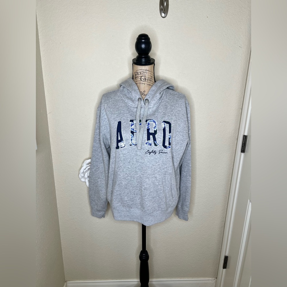 NTM: Aeropostale AERO Floral Logo Hoodie Pullover Gray Kangaroo Pocket Size L
